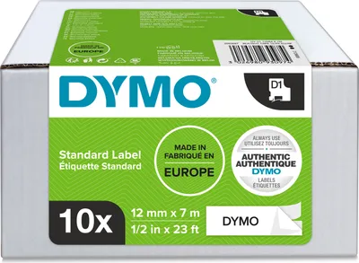 Produktbild von DYMO Original D1-Etikettenband VORTEILSPACK| 12 mm x 7 m | schwarz auf weiß | selbstklebendes Schriftband |Polyster | für LabelManager-Beschriftungsgerät | 10 D1 Schriftbandkassetten