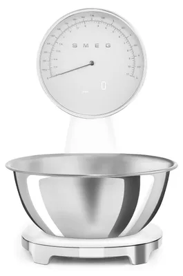 Zdjęcie produktu dla Smeg KSF01WHWW, Elektroniczna waga kuchenna, 5 kg, 1 g, Biały, Plastik, Silikon, Stal nierdzewna, Blat
