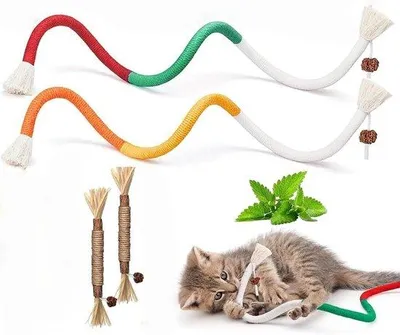 Produktbild von Interaktives Kattenspielzeug für Zahnpflege - 4 Stück Katzenkauwstangen mit Katzenkräutern - Baumwollfaden für Zahnreinigung - Spielzeug für Katzenbisse - Mit 2 Katzenbissfäden
