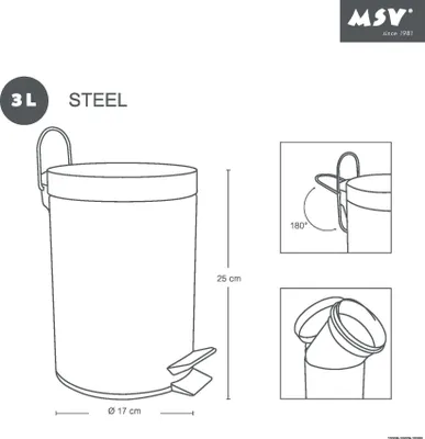 A diagram of a white pedal bin with dimensions and details.