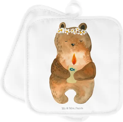 Produktbild von Mr. & Mrs. Panda Topflappen Bär Kommunion - Weiß - Geschenk, Taufkerze, Ofenlappen, topfhalter, Katholisch, Gottes Segen, Topfuntersetzer, Teddy, Kochlappen, Doppel