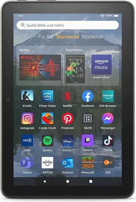 A tablet screen displaying various app icons and promotional content.