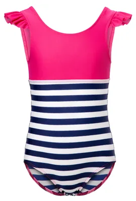 Produktbild von Mädchen Badeanzug schnelltrocknend einteilig UV 50 MS10-443 (Rosa/Marineblau/Streifen, 128)
