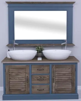 Image de Casa Padrino Ensemble salle de bain style campagne bleu / marron foncé - 1 double vasque & 2 lavabos & 2 robinets & 1 miroir mural - Meubles de salle de bain en bois massif style campagne