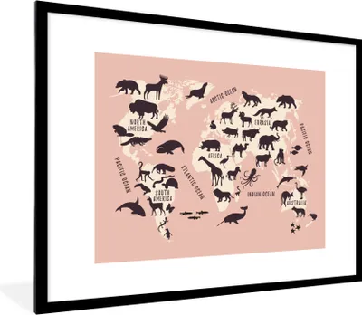 Produktbild von MuchoWow® Gerahmtes Poster Weltkarte - Tiere - Rosa 80x60 cm - Poster mit Schwarzem Bilderrahmen Wandposter Rahmen Foto Bilder - Schlafzimmer-Dekorationen - Fotoposter
