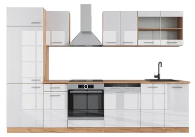 Produktbild von Küchenzeile Vicco R-Line Weiß Hochglanz/Goldkraft Eiche 300 cm , AP Eiche, Model 43052