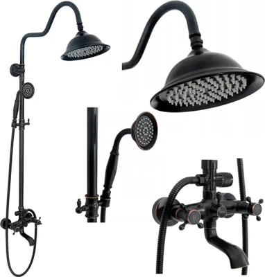 A collage of different views and close-ups of a black retro-style shower set.