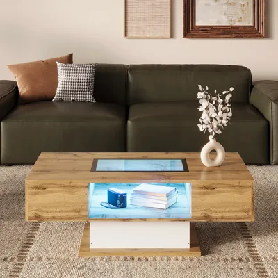 Immagine prodotto di okwish Tavolino rettangolare, tavolino con LED per camera da letto, tavolino con vano portaoggetti per soggiorno, tavolino con piano in vetro e due cassetti, finitura naturale