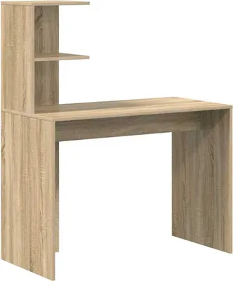 A light brown wooden desk with a shelf unit on the left side, shown against a white background.