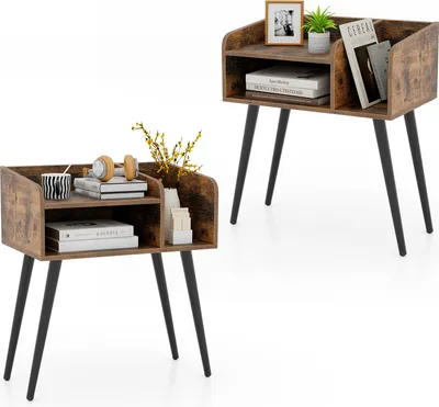Two rustic brown bedside tables with black legs are shown against a white background. The tables have open shelves and are styled with books, headphones, and decorative items.