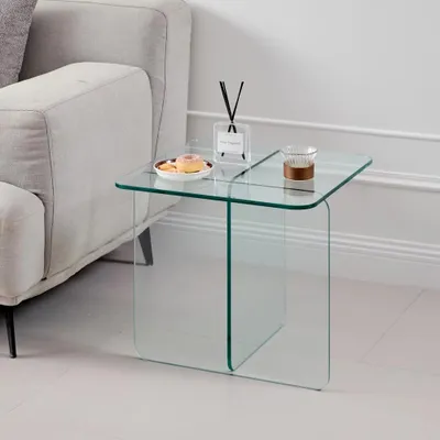 Immagine prodotto di Tavolino di servizio - Tavolino da divano - Vetro curvo temperato - Vetro trasparente - Struttura in metallo - Design moderno - Ideale per soggiorno e camera da letto