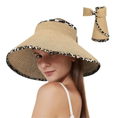 Produktbild von Damen Breite Krempe UV-Schutz Sonnenhut, Sommer Sun Visor, Faltbar Strohhut, Strand Hut
