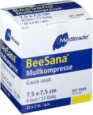 Produktbild von Meditrade BeeSana® - Mullkompresse ohne RöKo, steril - 8-fach, 7,5x7,5 cm - 25 x 2 Stück