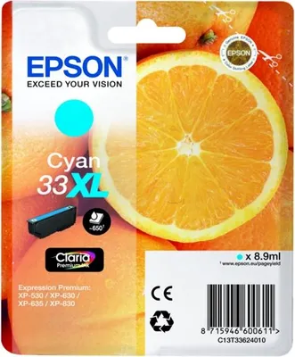 Produktbild von Epson Oranges Singlepack Cyan 33XL Claria Premium Ink, Hohe (XL-) Ausbeute, Cyan, 8,9 ml, 1 Stück(e), 650 Seiten