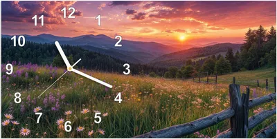 Produktbild von Wanduhr aus Glas mit Motiv Sonnenuntergang Wiese- 60 x 30 cm - inkl. Aufhängesystem