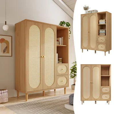 Obrázok produktu pre Skriňa v rustikálnom štýle, dubová, rozmer 161x120x44 cm, vyrobená z MDF a masívneho dreva, s 2 dvierkami, 2 zásuvkami, otvorenými policami a tyčou na vešanie