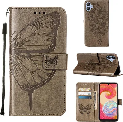 Obrázek produktu pro Galaxy A04E Pouzdro, Motýlí Reliéf Flip Kožené Pouzdro s Kapsami na Karty a Stojánkem pro Samsung Galaxy A04E Šedá