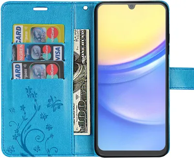 A blue wallet-style phone case with cards and money inserted, and a smartphone placed in the case.