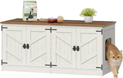 Produktbild von Katzenschrank für 2 Katzen, 120 cm Katzenklo Schrank, Braun-Weiß | Katzentoilette Schrank Versteckt, Bauernhausstil, Katzenhaus für den Innenbereich Fernsehschrank, 120 x 50 x 54 cm, 840214X