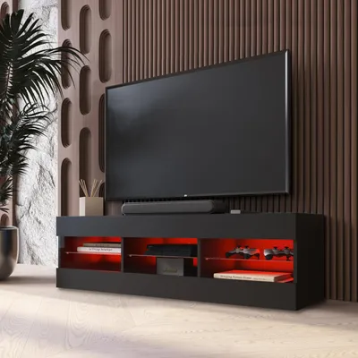 A modern living room with a TV stand and television.