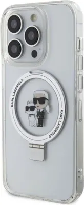A clear, side-view shot of a transparent phone case with a Karl Lagerfeld and Choupette design on the back, featuring a ring stand.