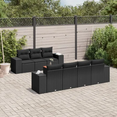 Produktbild von Design 8-tlg. Garten-Sofagarnitur mit Kissen Schwarz Poly Rattan, Gartenmöbel-Sets 2024 Neu