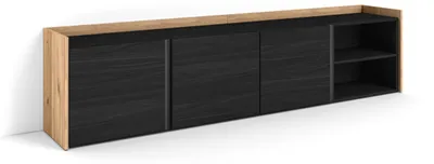 Image de PULLER, Meuble TV, Banc Télé, 207x50x35 cm, Pour les TV jusqu'à 80", Meubles de salon, Noir et chêne