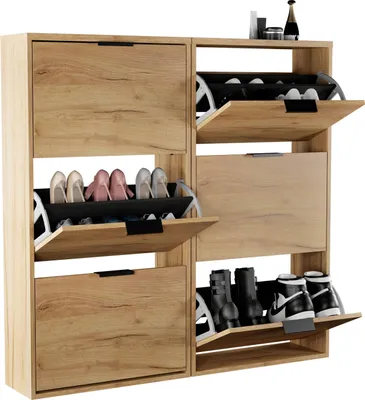 Produktbild von Planetmöbel Schuhschrank schmal 2 x 3 Klappen Schuhregal mit 6 Ablagen, gold eiche