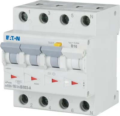 Produktbild von Eaton FI/LS-Schalter Typ A 6kA 16A/3pol+N/30mA 4TE Eaton mRB6-16/3N/B/003-A, 1 Stk.