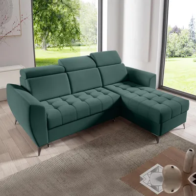 Produktbild von Ecksofa AURORA I mit Schlaffunktion, Bettkasten & universeller Ottomane, Dunkelgrün