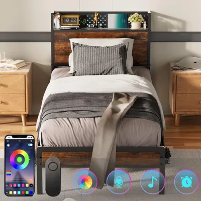 Produktbild von Bett 90 x 200 cm, Bettgestell mit Stauraum-Kopfteil & LED-Lichtern, 3 USB & 1 Typ-C, 14 Reihen Metalllatten, Stauraum unter dem Bett, Braun