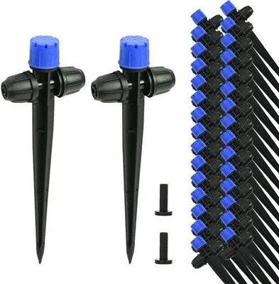 Productafbeelding van 28 stuks druppelirrigatie, instelbare waterstroom, druppelsproeier voor 1/4 inch druppelirrigatieslang, voor tuinirrigatiesysteem (blauw)