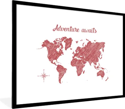 Produktbild von MuchoWow® Gerahmtes Poster Weltkarte - Rot - Weiß 80x60 cm - Poster mit Schwarzem Bilderrahmen Wandposter Rahmen Foto Bilder - Schlafzimmer-Dekorationen - Fotoposter