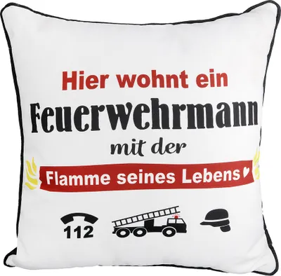 Productafbeelding van Gilde kussen, vierkant, brandweer, met tekst, polyester, crème, verpakking met 3 stuks.Hoogte: 45,00 cmBreedte: 45,00 cmArtikelnummer: 47464