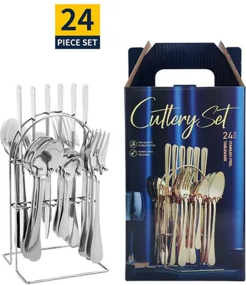 Image de Set de couverts en acier de 24 pièces comprenant couteaux, fourchettes et cuillères (avec support) pour 6 personnes