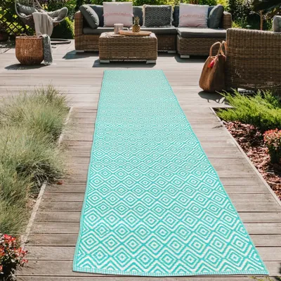 Produktbild von Kunststoff Outdoor-Teppich mit Rautenmuster in petrol Größe - 90 x 300 cm