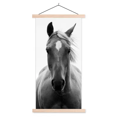 Produktbild von MuchoWow® Textilposter Pferd - Tier - Schwarz - Weiß 60x120 cm mit holzfarbenen Rahmen - Holz