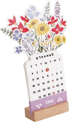 Image de Calendriers en bois - Petits calendriers de bureau - Calendriers fleuris avec une base en bois.