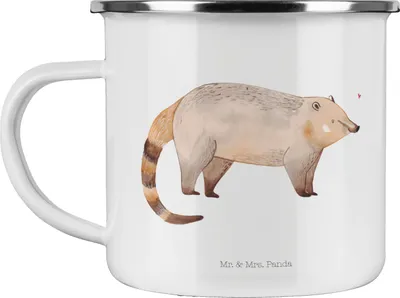 Produktbild von Mr. & Mrs. Panda emaillebecher Nasenbaer - Weiß - Geschenk, Nasenbär, Pott, Nasenbären, Teetasse, Emaille Tasse, becher, Lustige Sprüche, Blechtasse, Haferl, Rüsselbär
