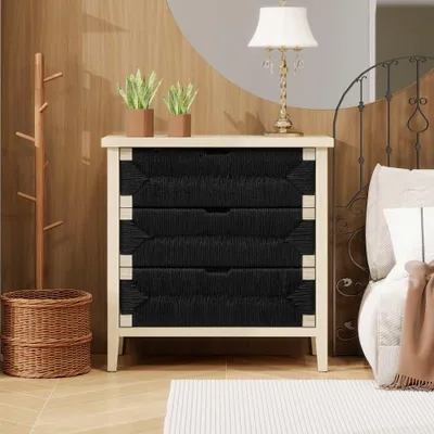Produktbild von Großer Boho-Nachttisch mit 3 Schubladen, Naturholzrahmen & schwarzem Seildesign - Perfekt für Schlafzimmer, Wohnzimmer & Flur, 80×40×80 cm