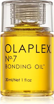 A close-up studio shot of a bottle of Olaplex No. 7 Bonding Oil.