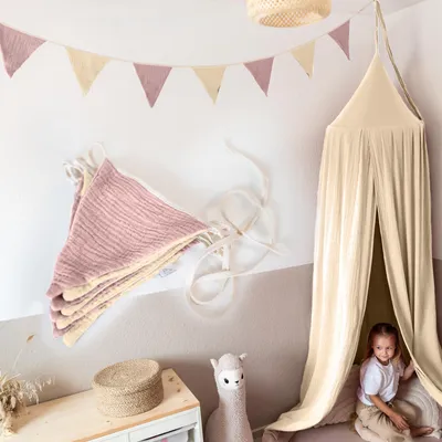 Image de Guirlande de fanions rose poudré & crème sans application dorée - guirlande en tissu 3 m