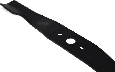 A black lawnmower blade is shown against a white background.