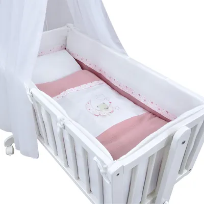 Produktbild von Baby-Delux Wiegenset Bettwäsche Set 6-tlg Musselin für Babywiege Teddy Mond Rosa (ohne Wiege)