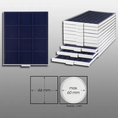 Produktbild von Prophila Collection Münzbox grau 12 eckige Fächer für Münzen bis 66 mm, Blaue Einlage
