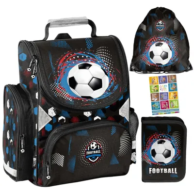 Produktbild von Schulranzen für Jungen und Mädchen, 4er-Set - Schul-Rucksack für Kinder mit Federmäppchen - Schuhbeutel und Hausaufgabenheft - Ball 1-3 Klasse