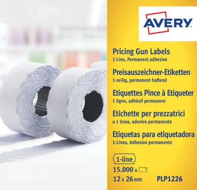 Produktbild von Avery Zweckform PLP1226, Preisauszeichner-Etiketten, 1-zeilig, 26 x 12 mm, 15.000 Etiketten / 10 Rollen, weiß