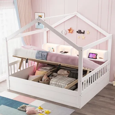 Produktbild von Flieks Holzbett 140 x 200 cm mit Dachrahmen und Sicherheitsgitter, Doppelbett mit Stauraum, Flachbett mit Lichtleiste und Steckdose, Weiß, Holz