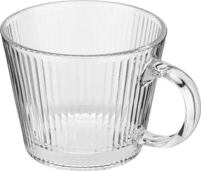 Produktbild von Geriffelter Glasbecher mit Henkel 370 ml, transparent, Kaffeebecher/Teebecher, 1 Stück