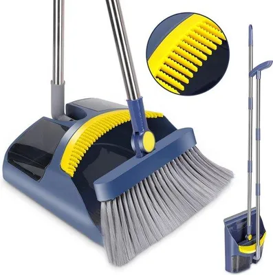 Immagine prodotto di Set per la pulizia Unyqoos®: asta in acciaio inossidabile regolabile da 80 a 120 cm, testa girevole a 180°, angolo di lavoro di 45°, gomma per raccogliere liquidi e pettine per capelli, design pieghevole, colore blu/giallo